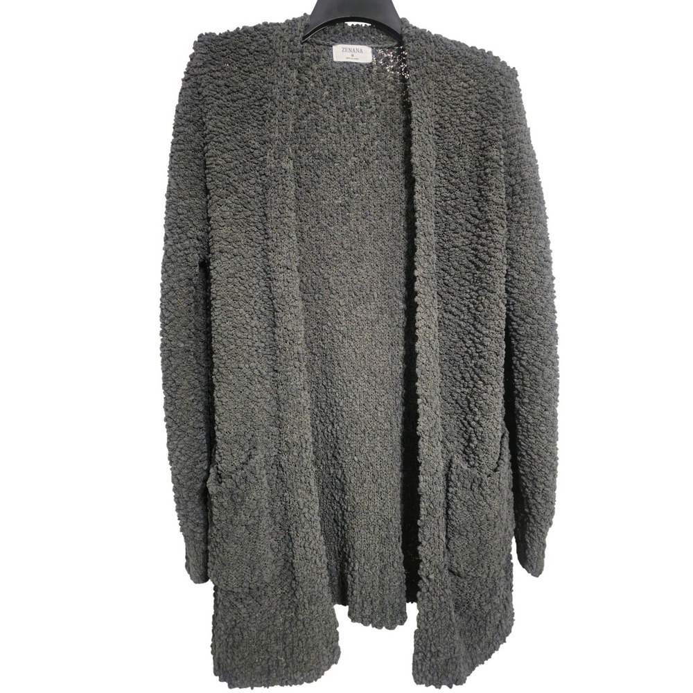 ZENANA Women's Cardigan Sweater Textured Knit Pockets Charcoal Gray Size M